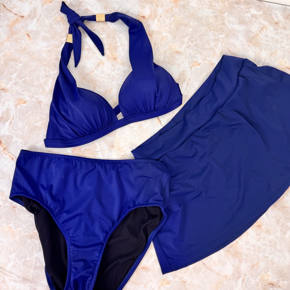 Venus 3 Piece Swimsuit Women 16 18 Blue Halter Top Skirt Bottom Bikini Set